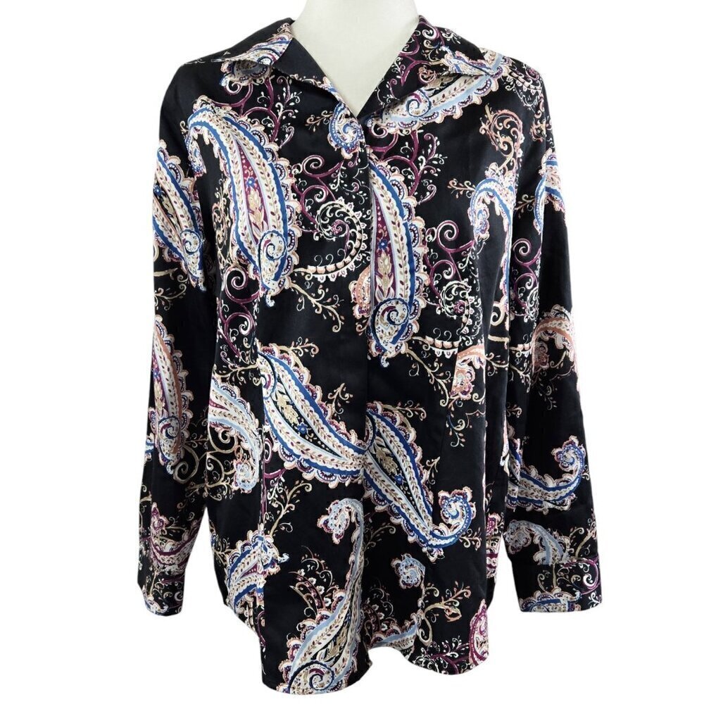 Chico's 100% No Iron Black Paisley Hidden Button-Up Shirt Boho Office